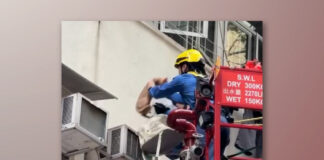 一隻貓被困北角大廈外牆冷氣機頂 消防到場把貓救起送回主人